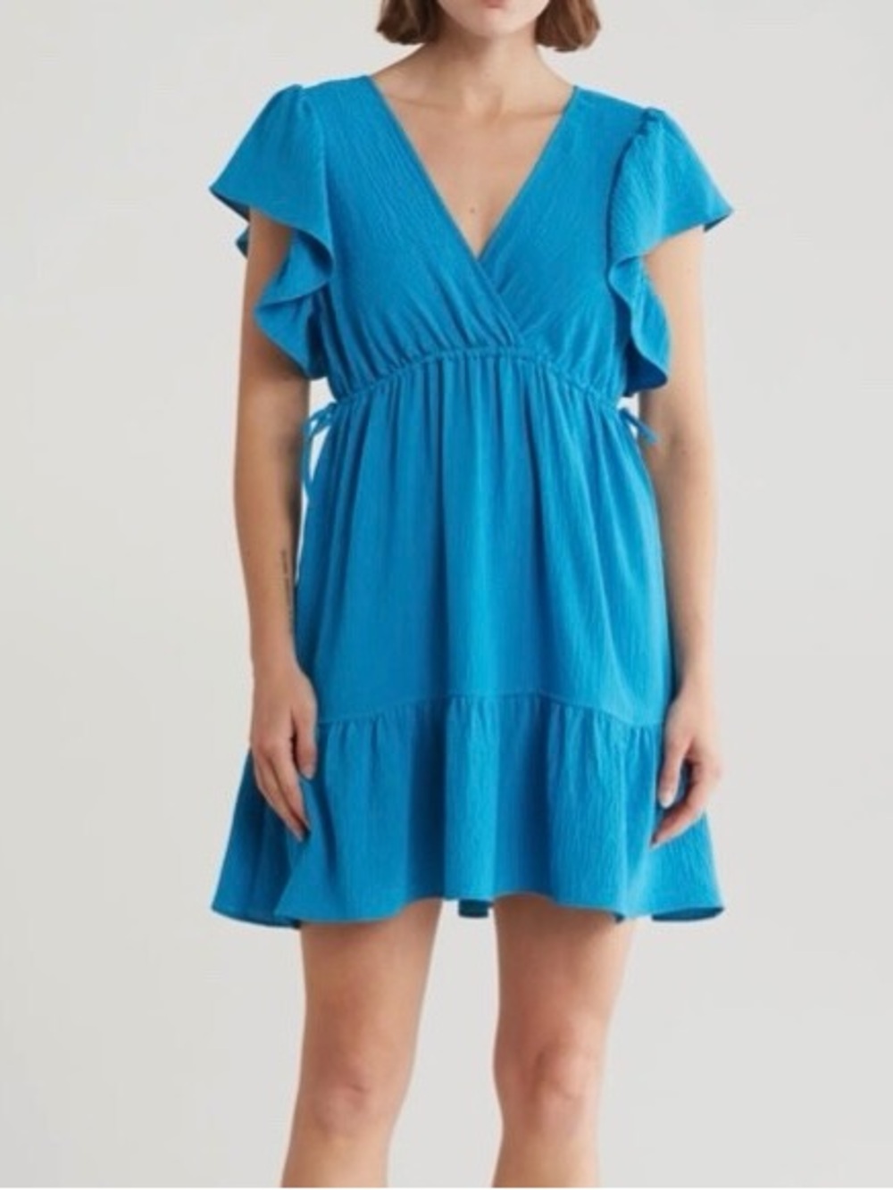 Max Studio Turquoise V‑Neck Flutter‑Sleeve Mini Dress
